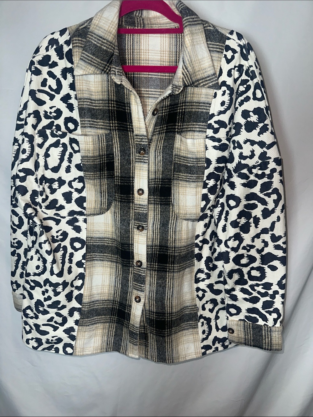 Source Unknown Mixed Plaid & Leopard Shacket - Black, White, Cream